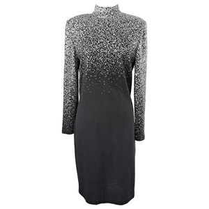 ST. JOHN Evening Cocktail Dress Black Silver Santana Knit Long Sleeve/Size 12